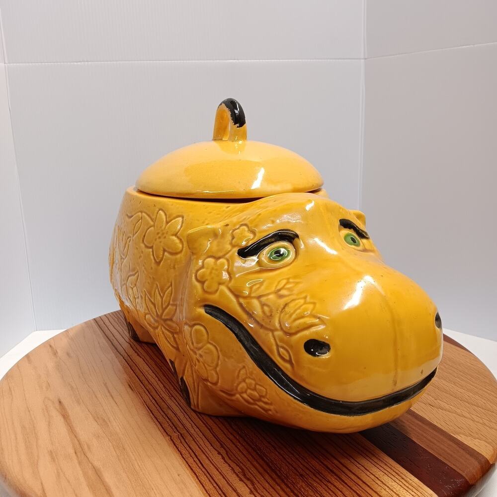 Doranne of CA Smiling Yellow Gold Hippo W/ Flowers Retro Vintage Cookie Jar MCM
